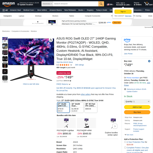 ASUS ROG Swift OLED 27” 1440P Gaming Monitor (PG27AQDP)