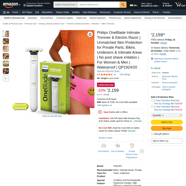 Philips OneBlade Intimate Trimmer & Electric Razor | Unmatched Skin Protection for Private Parts, Bi