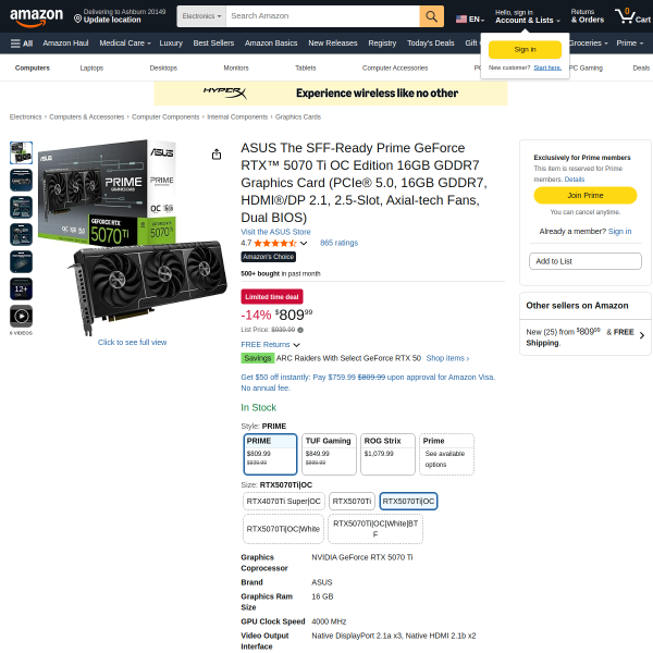 ASUS The SFF-Ready Prime GeForce RTX™ 5070