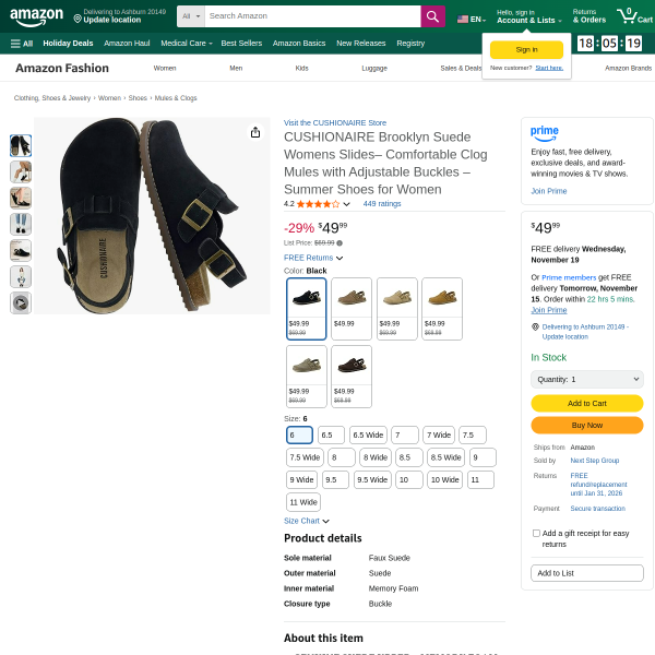 CUSHIONAIRE Brooklyn Suede Womens Slides– Comfortable Clog Mules with Adjustable Buckles – Summer Sh