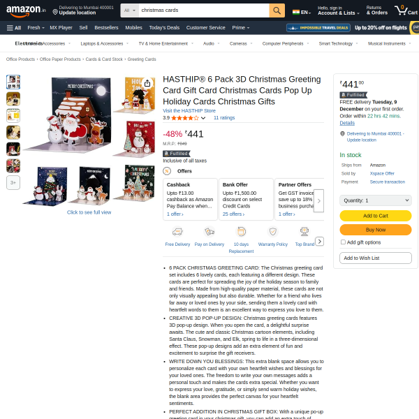 HASTHIP® 6 Pack 3D Christmas Greeting Card Gift Card Christmas Cards Pop Up Holiday Cards Christmas