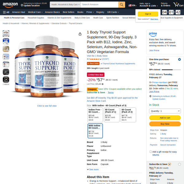 1 Body Thyroid Support Supplement