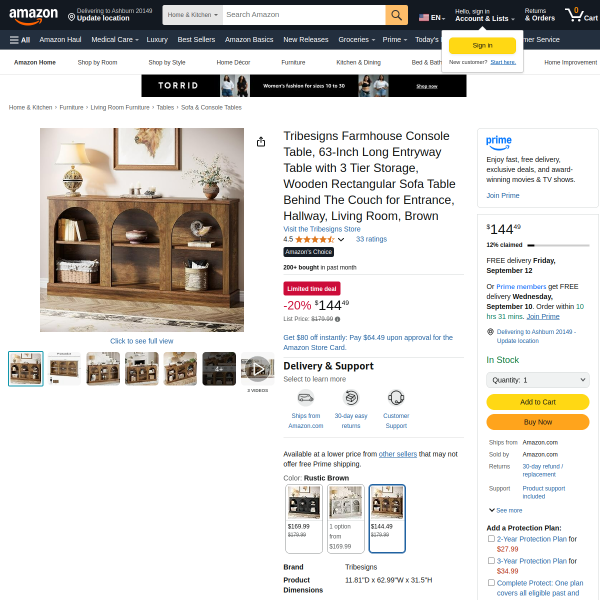 Tribesigns 63-Inch Long Wooden Farmhouse Console Table Brown for Living Room