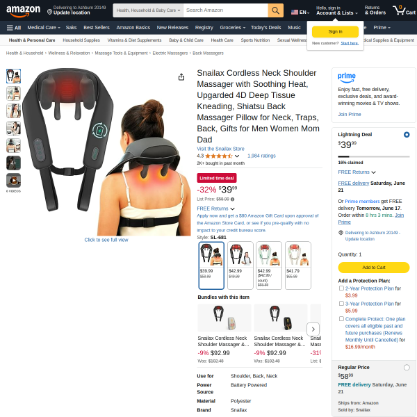 Snailax Cordless Neck Shoulder Massager with Soothing Heat, Upgarded 4D Deep Tissue Kneading, Shiats