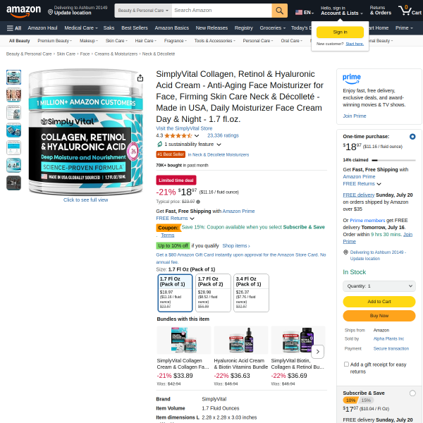 SimplyVital Collagen, Retinol & Hyaluronic Acid Cream - Anti-Aging Face Moisturizer for Face