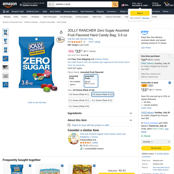 JOLLY RANCHER Zero Sugar Assorted Fruit Flavored Hard Candy Bag