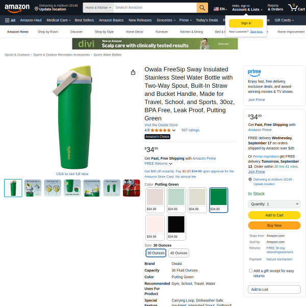 Owala FreeSip Sway Insulated Stainless Steel Water Bottle with Two-Way Spout, Built-In Straw and Buc