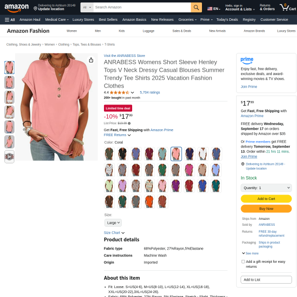 ANRABESS Womens Short Sleeve Henley Tops V Neck Dressy Casual Blouses Summer Trendy Tee Shirts 2025