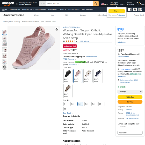 Women Walking Sandals Open Toe Orthotic, Arch Support, Adjustable Ankle Strap