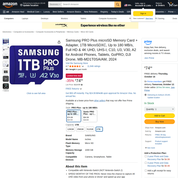 Samsung PRO Plus microSD Memory Card + Adapter, 1TB MicroSDXC