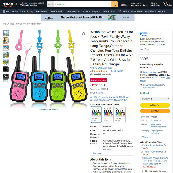 Wishouse Walkie Talkies for Kids 4 Pack