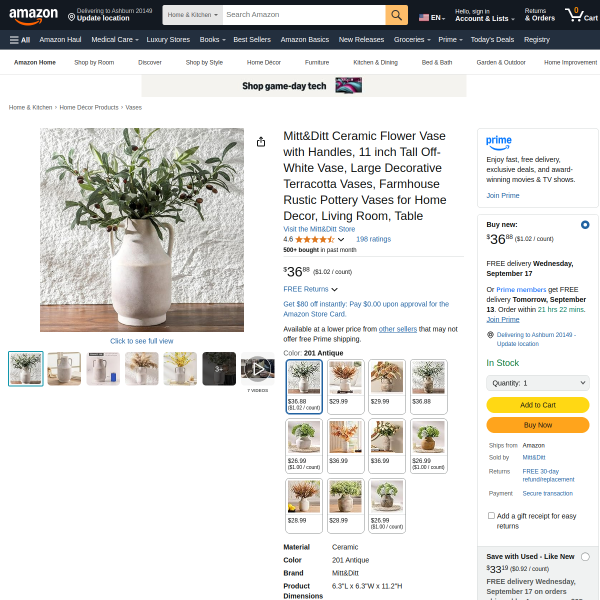 Mitt&Ditt Ceramic Flower Vase with Handles, 11 inch Tall Off-White Vase, Large Decorative Terracotta