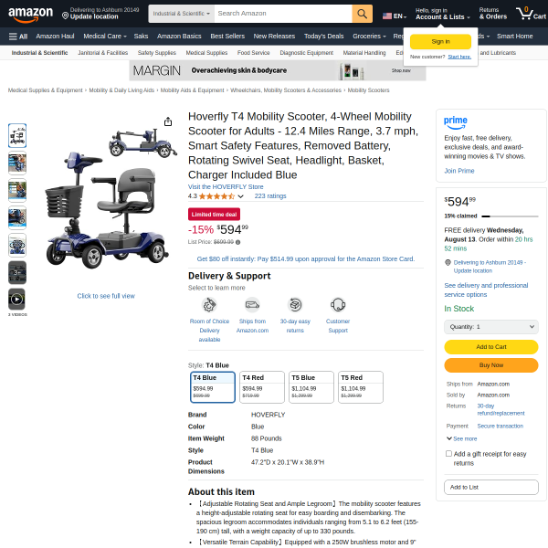 Hoverfly T4 Mobility Scooter, 4-Wheel Mobility Scooter for Adults