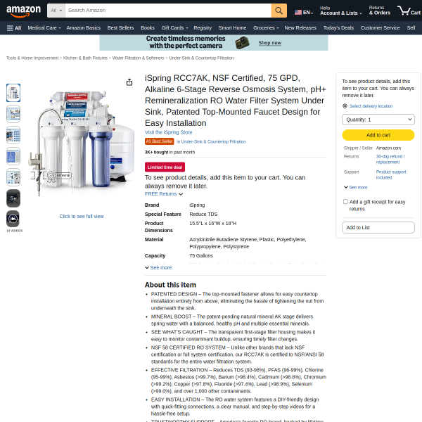 iSpring RCC7AK, NSF Certified, 75 GPD, Alkaline 6-Stage Reverse Osmosis System, pH+ Remineralization