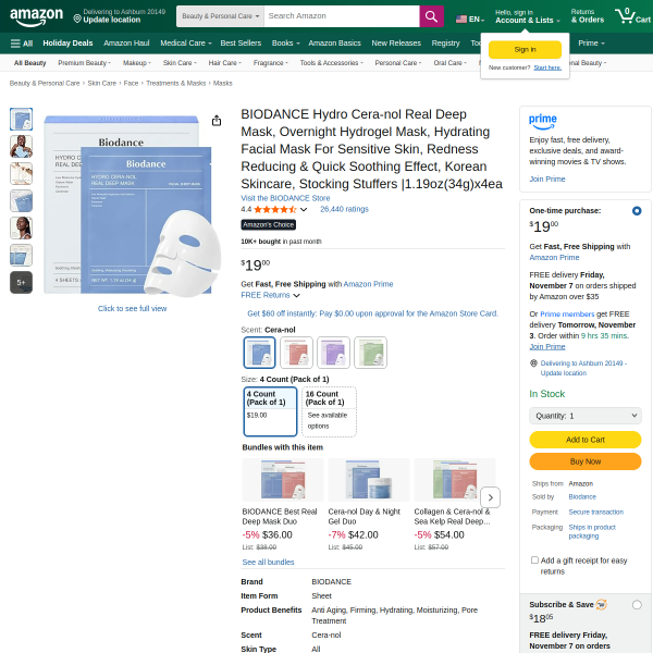 BIODANCE Hydro Cera-nol Real Deep Mask, Overnight Hydrogel Mask, Hydrating Facial Mask For Sensitive