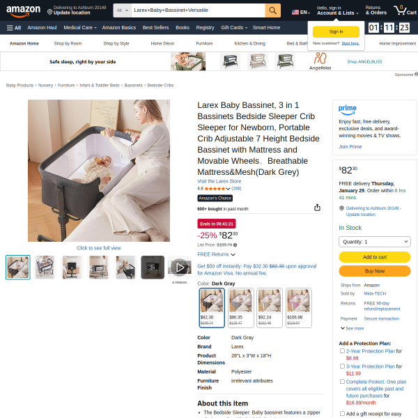 Larex Baby Bassinet, 3 in 1 Bassinets Bedside Sleeper Crib