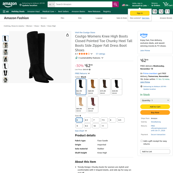 Coutgo Womens Knee High Boots Closed Pointed Toe Chunky Heel Tall Boots Side Zipper Fall Dress Boot