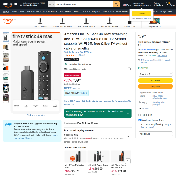 Amazon Fire TV Stick 4K Max streaming device