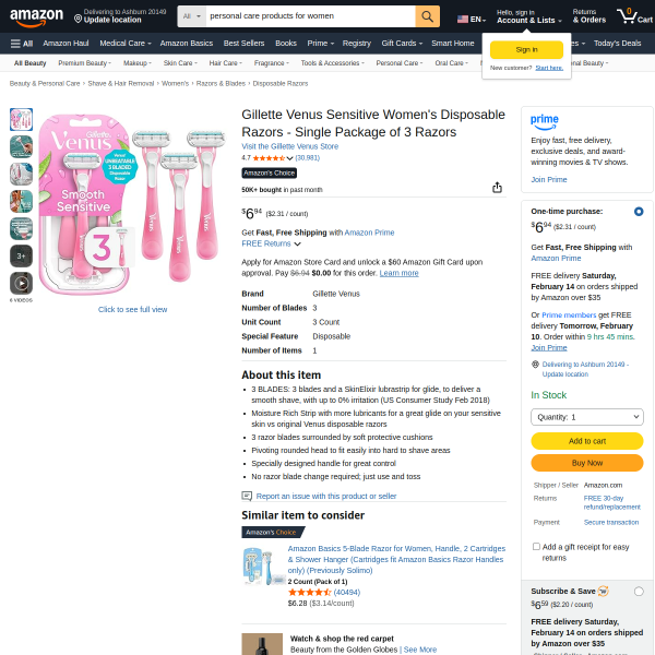 Gillette Venus Sensitive Women's Disposable Razors