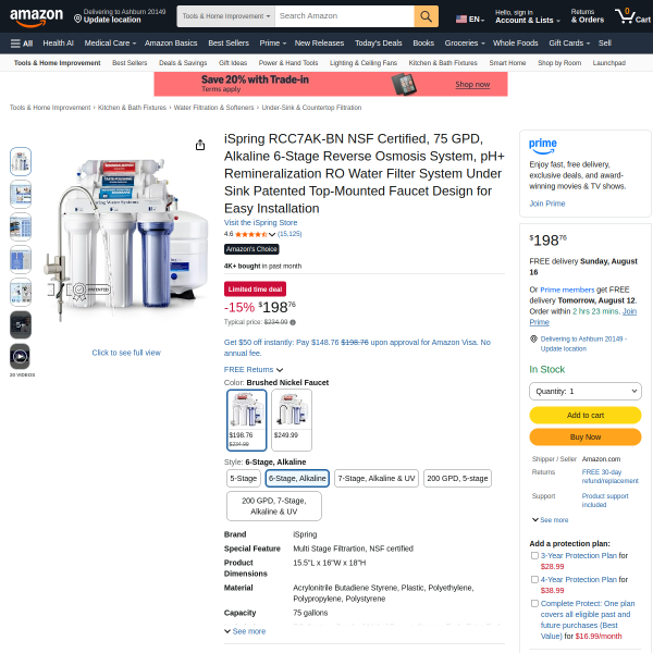 iSpring RCC7AK-BN NSF Certified, 75 GPD, Alkaline 6-Stage Reverse Osmosis System