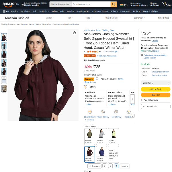 Alan Jones Clothing Women's Solid Zipper Hooded Sweatshirt