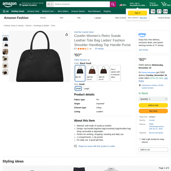 Covelin Women's Retro Suede Leather Tote Bag Ladies' Fashion Shoulder Handbag Top Handle Purse