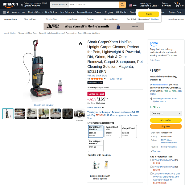 Shark CarpetXpert HairPro Upright Carpet Cleaner, Perfect for Pets