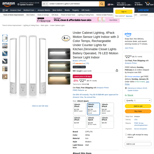 Under Cabinet Lighting, 4Pack Motion Sensor Light Indoor