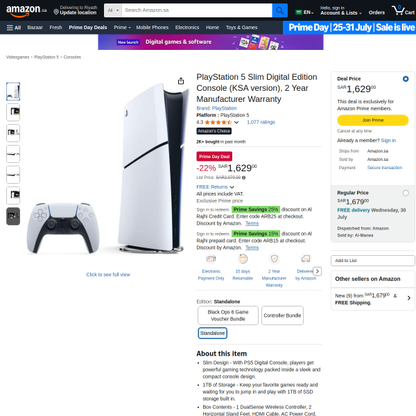 PlayStation 5 Slim Digital Edition Console (KSA version), 2 Year Manufacturer Warranty