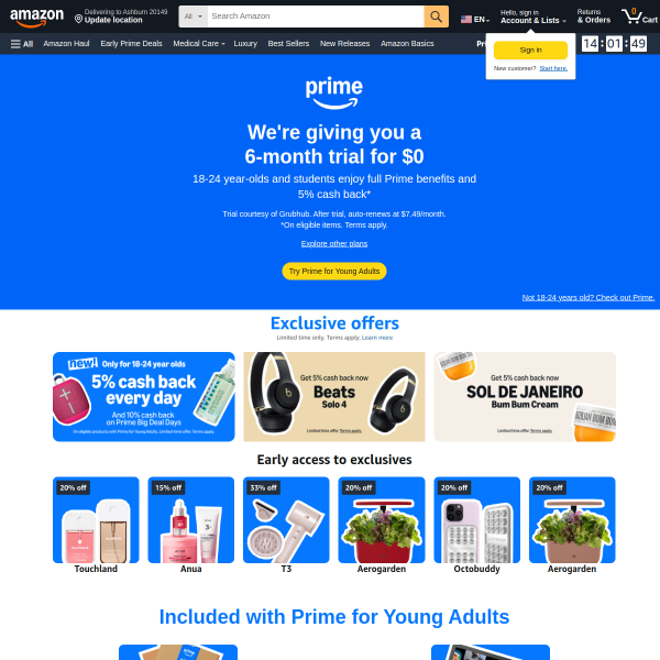 Amazon Prime Membership for Young Adults Ages 18-24