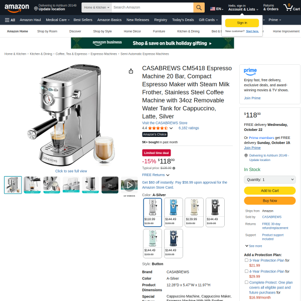 CASABREWS CM5418 Espresso Machine 20 Bar