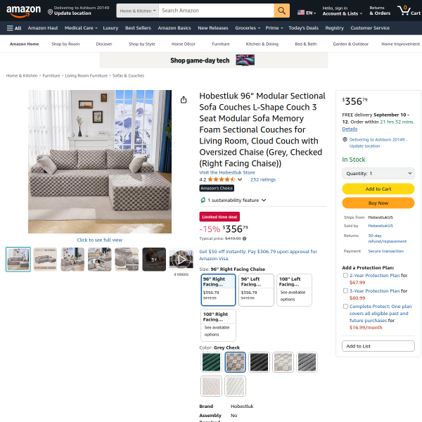 Hobestluk 96“ Modular Sectional Sofa Couches L-Shape Couch 3 Seat Modular Sofa Memory Foam Sectional