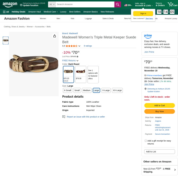 Madewell Women's Triple Metal Keeper Suede Belt