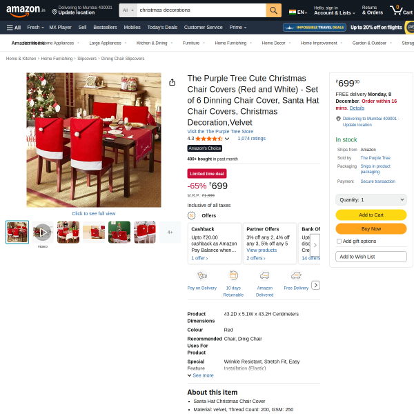 The Purple Tree Cute Christmas Chair Covers (Red and White)