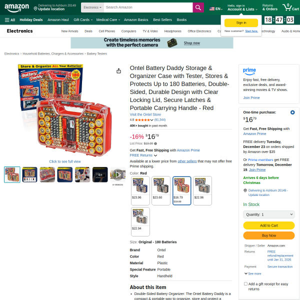 Ontel Battery Daddy - Battery Organizer Storage Case with Tester