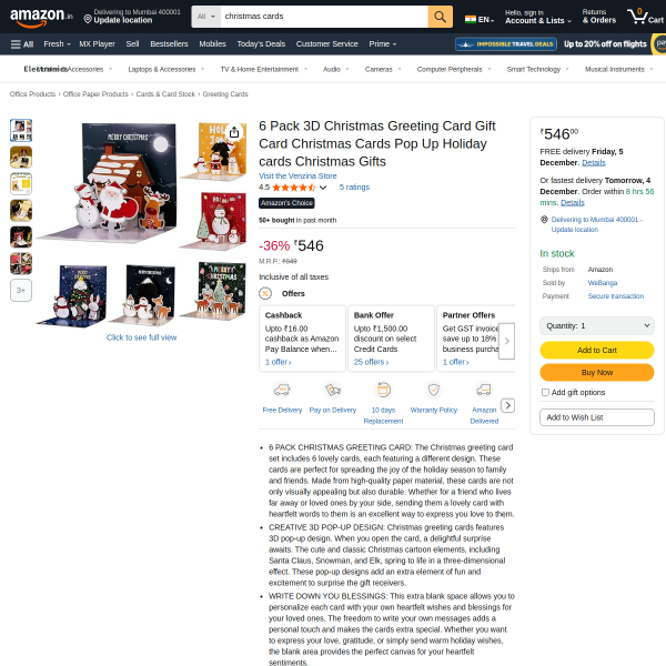 6 Pack 3D Christmas Greeting Card Gift Card Christmas Cards Pop Up Holiday cards Christmas Gifts