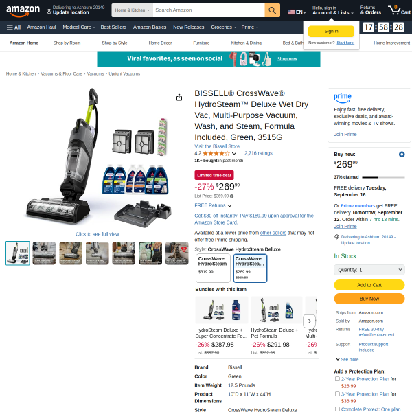 BISSELL® CrossWave® HydroSteam™ Deluxe Wet Dry Vac, Multi-Purpose Vacuum, Wash, and Steam, Formula I