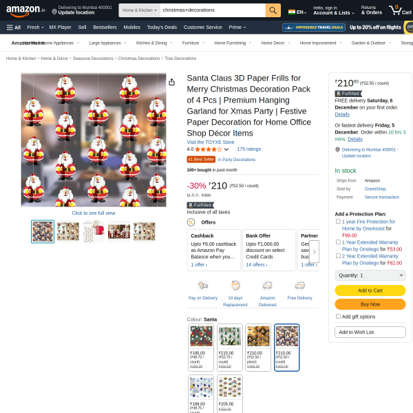 Santa Claus 3D Paper Frills for Merry Christmas Decoration Pack of 4 Pcs