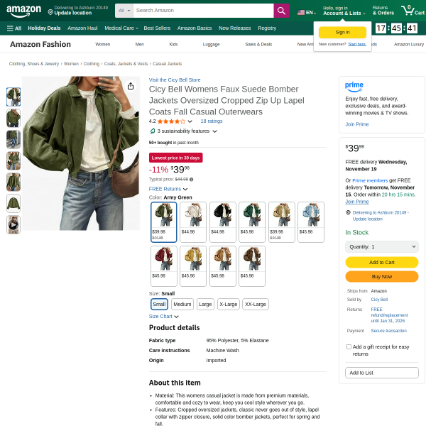 Cicy Bell Womens Faux Suede Bomber Jackets Oversized Cropped Zip Up Lapel Coats Fall Casual Outerwea