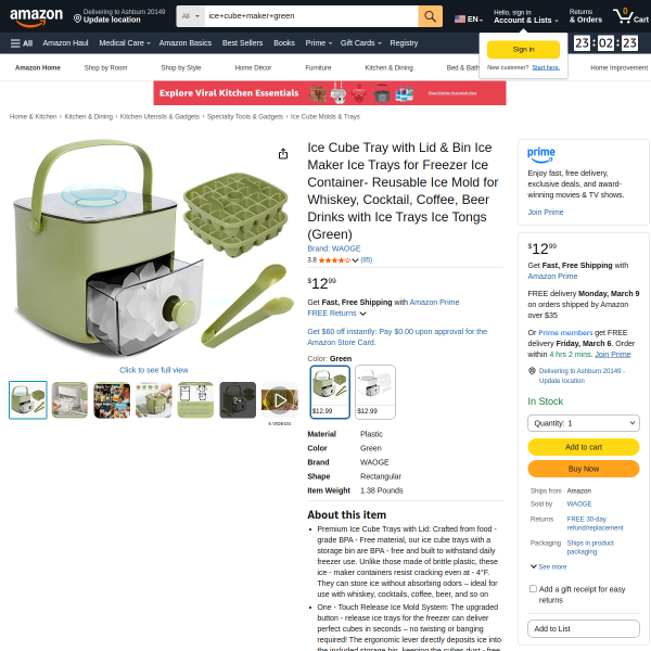 Ice Cube Tray with Lid & Bin Ice Maker Ice Trays