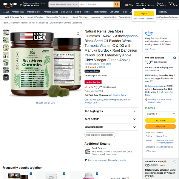 Natural Rems Sea Moss Gummies 16-in-1 - Ashwagandha Black Seed Oil