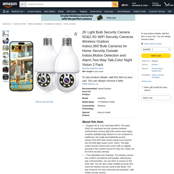 2K Light Bulb Security Cameras