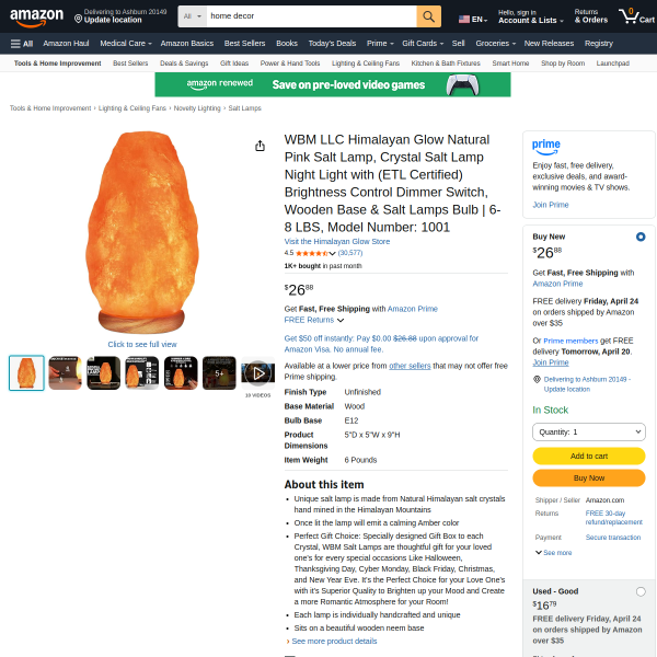 WBM LLC Himalayan Glow Natural Pink Salt Lamp, Crystal Salt Lamp Night Light with (ETL Certified) Br