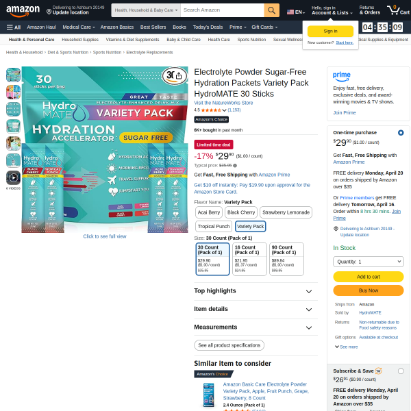 Electrolyte Powder Sugar-Free Hydration Packets Variety Pack HydroMATE 30 Sticks