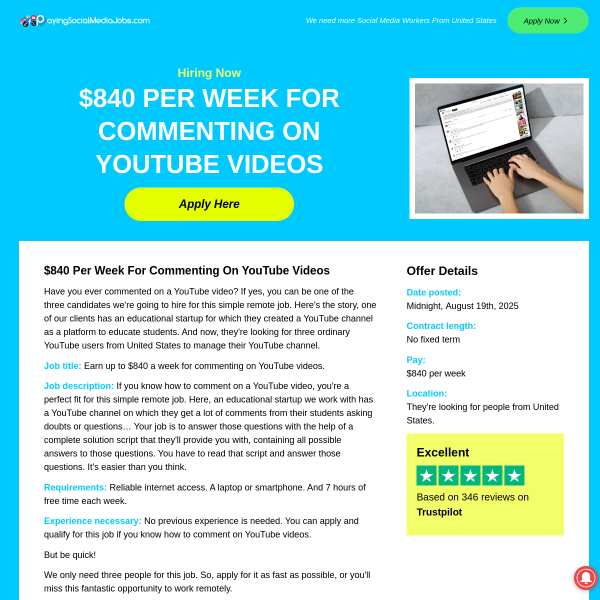 $840 per week for commenting on Youtube videos