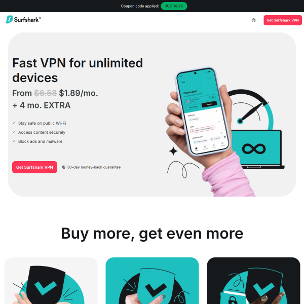 SurfShark VPN: Enter promo code JUSTALYX for 83% off and 3 extra months free!