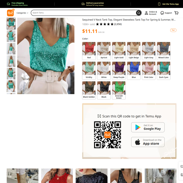 Sequined V Neck Tank Top, Elegant Sleeveless Tank Top For Spring & Summer, Women's Clothing