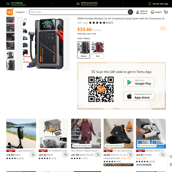 4000A Portable Wireless Car Air Compressor Jump Starter with Air Compressor,