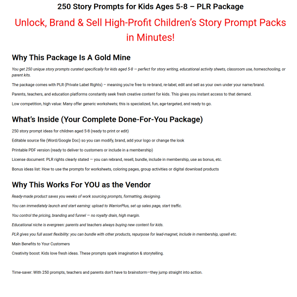 250+ Story Prompts for Kids Ages 5-8 - PLR package