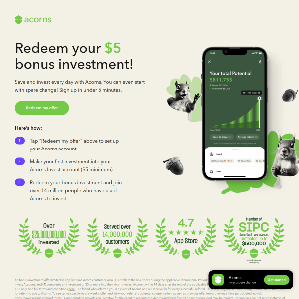 Redeem your $5 bonus investment!
